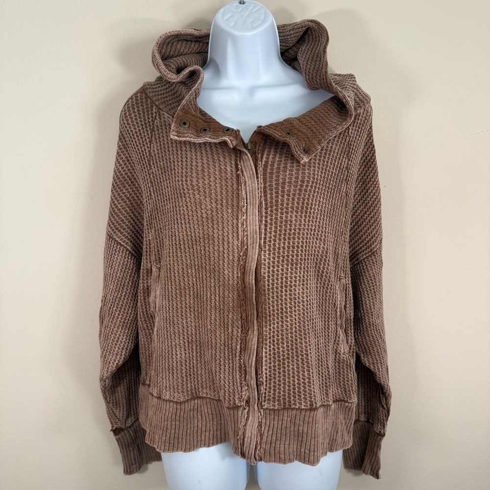 Zenana Women’s Zip Hoodie Sweatshirt Acid Mineral Wash Beige Waffle Texture L - Picture 7 of 10